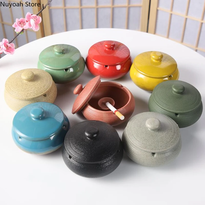 Creative Ceramic Ashtray Living Room Anti Fly Ash Storage Box with Lid Home Retro Ashtray Ornaments