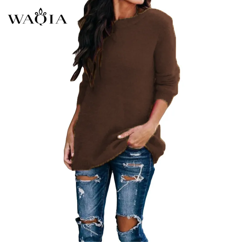 Осенне-зимний плюшевый свитер размера плюс 5XL, повседневный однотонный вязаный свитер с длинными рукавами и круглым вырезом, повседневные свободные женские джемперы - Цвет: brown