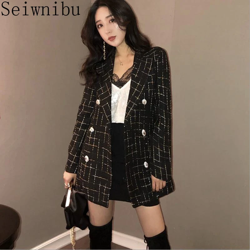 

2019 Autumn Winter Women Wool Coat Fashion Pearls Buttons OL Jackets Checkered Tweed Plaid Coats and Outwears