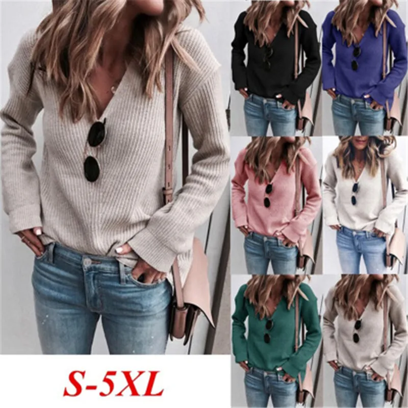

Women Sweater Spring Autumn Sexy V-Neck Slim Knitted Sweater Femme Solid Plus Size Sweater Casual Pullovers Streetwear sweter
