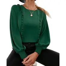 

Spring Chiffon Shirt Top Women Elegant Solid Color Round Neck Fungus Stitching Shirt Pullover Top Female Long-Sleeved Shirt