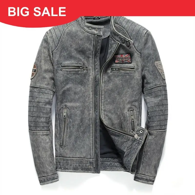 

2020 Vintage Grey Men Slim Fit Motorcycle Leather Jacket Plus Size XXXL Genuine Cowhide Autumn Biker's Leather Coat