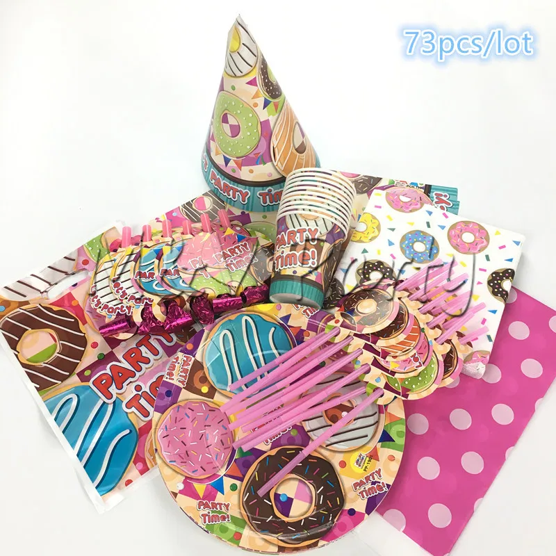 73pcs 73pcs/lot Cartoon Donut Theme Party Paper Plates Set Happy Birthday Party Disposable Tableware Set Decoration Supplies - Цвет: 73pcs