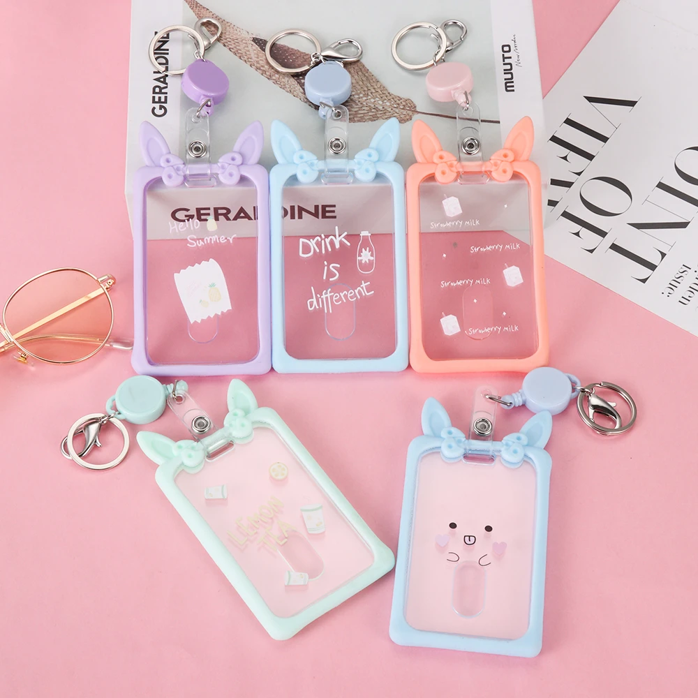 New Silicone Transparent Retractable Card Holder Girl Student Clear Id Card Pass Cover Cute Ear Keychain Women Badge Card Case Card Id Holders Aliexpress<script async src=
