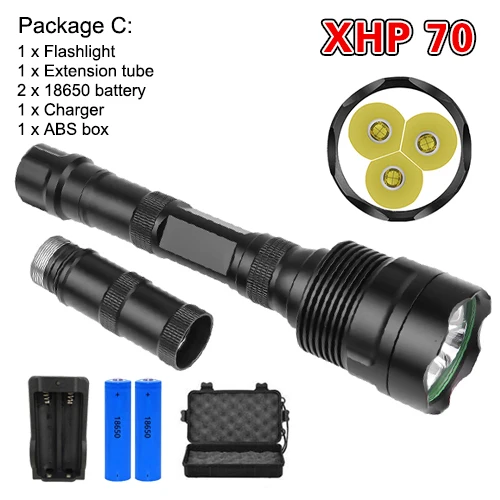 210 Package C Мощный светодиодный фонарь XHP70, перезаряжаемый фонарь с USB зумом, фонарь для кемпинга, охоты, лампа с 18650 батареей - Испускаемый цвет: 210 Package C