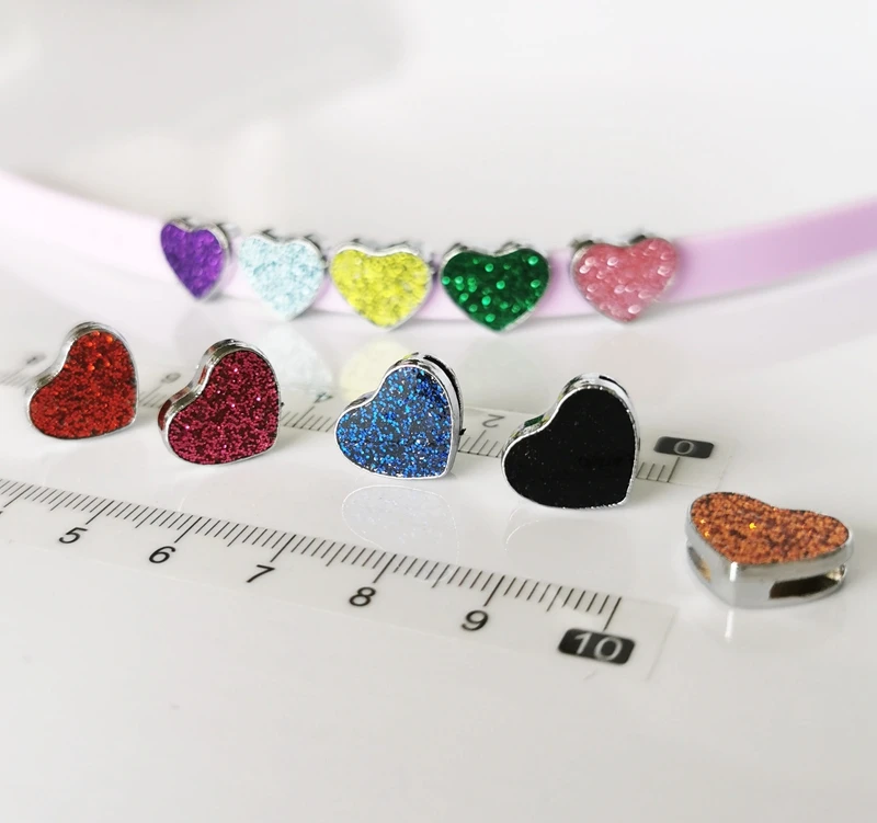 50pcs 8mm Bling Heart Slide Charms Beads DIY 8MM Dog Cat Collar Belts
