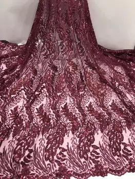 

2020 high quality French Nigerian sequins net lace,African tulle mesh sequence lace fabric for party dress 5yards/lot wine red