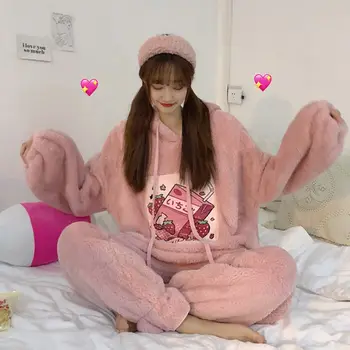 

QWEEK Pajama Woman Winter Flannel Sweetheart Home Suit Pink Lounge Wear Two Piece Set Pijamas 2020