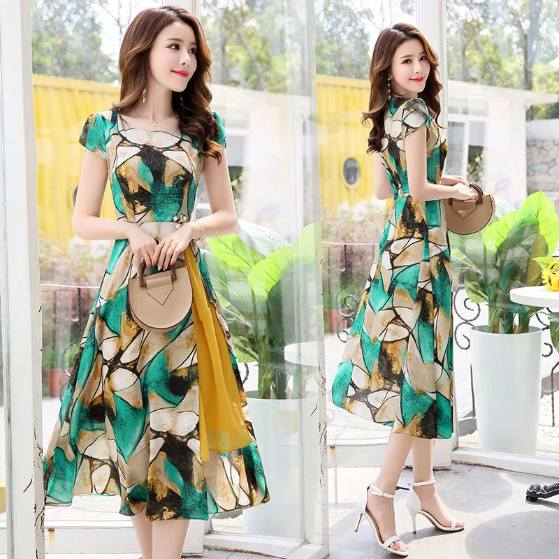 

2019 Summer Mid-length Short Sleeve Medium Waist Pullover Crew Neck Others Dress X Type Elegant Elegant Slim Fit