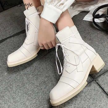 

Band Designer Ankle Boots Chunky Heel Women Short Boots Fenimina Lace Up Sewing Booties Genuine Leather Shoes Casual Ladies Shoe