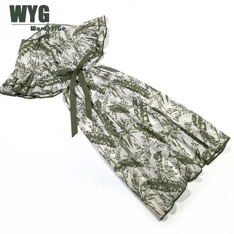 

Fashion Designer Cotton Dresses 2020 Summer Holiday Style Green Leaf Print Ruffles Short Sleeve Self-tie Ladies Loose Dress