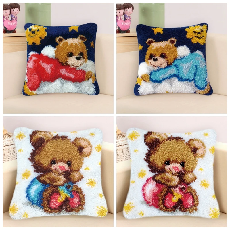 

Cartoon Bear Couple Latch Hook Pillow Sets Foamiran For Needlework Latch Hook Rug Kits Cushion Latch Hook Pillow 3 Size Decor F