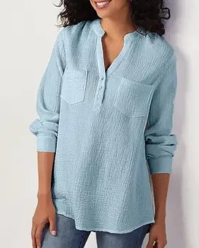 

New 2020 Summer casual shirt, autumn and winter solid color pocket em8 cotton and linen loose top women KR709-06