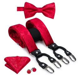 100% Silk Adult Men's Suspender For Men Leather Metal 6 Clips Braces Classic Red Floral Vintage Elastic Suspender and Bow Tie