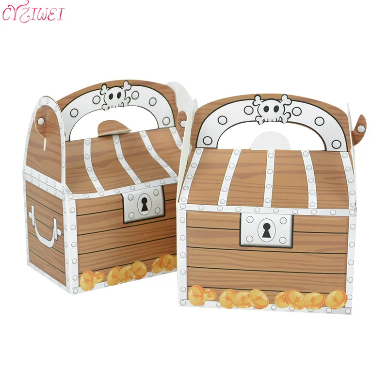 5pcs Pirate Theme Pirates Caribbean Gold Paper Box Packaging Handle Halloween Costume Cosplay Decoration Treasure Chest Gift Box