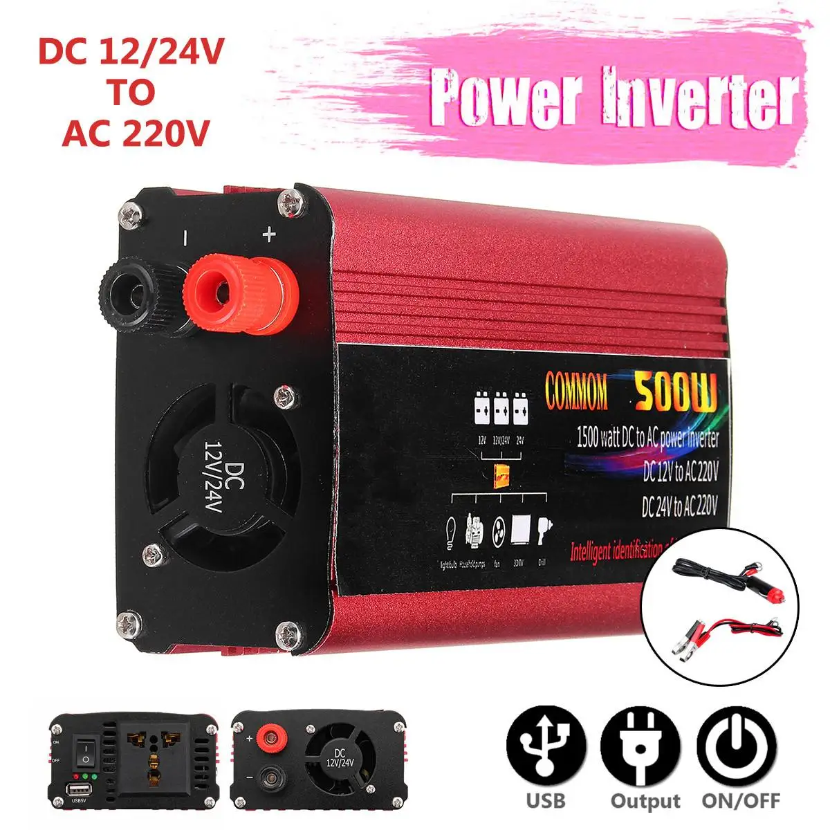 1000W Car Home Auto Power Inverter DC 12/24V to AC 220V Peaks Modified