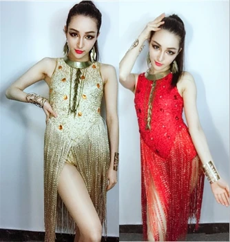 

New Female Singer Clothing DS Costumes Nightclubs Sexy DJ Rhinestone Jazz Dance Clothes Golden Tassels Bodysuit performer