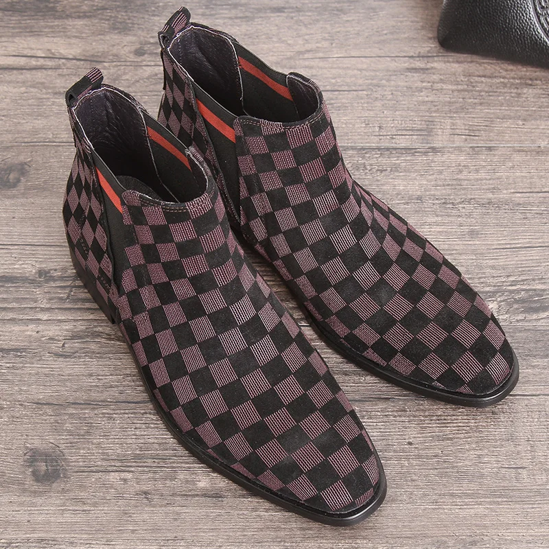 Fashion Black / Brown Pointed Toe Lattice Mens Casual Boots Genuine Leather Boots Man Ankle Boots