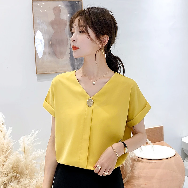 yellow short sleeve blouse