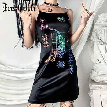 

InsGoth Streetwear Black Sexy Mini Dress Gothic Dragon Print Spaghetti Sraps Sleeveless Party Nighclub Women Short Dress Summer