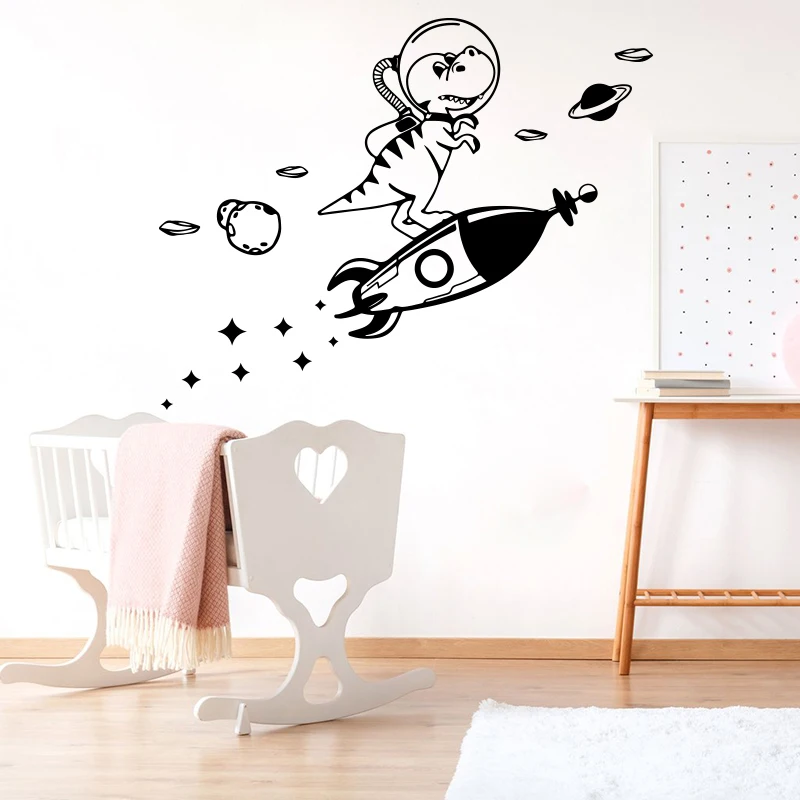 Large Dinosaur Astronomy  Outer Space Rocket Star Wall Sticker Boy Room Kids Room Cartoon Dino Animal Wall Decal Bedroom Vinyl  (2)