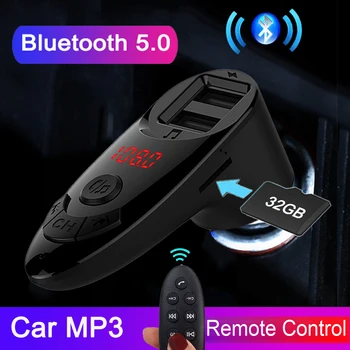 

JINSERTA Remote Control Car FM Transmitter Modulator Bluetooth 5.0 Car Kit Auto Audio MP3 Player 2 USB ports TF U Disk play