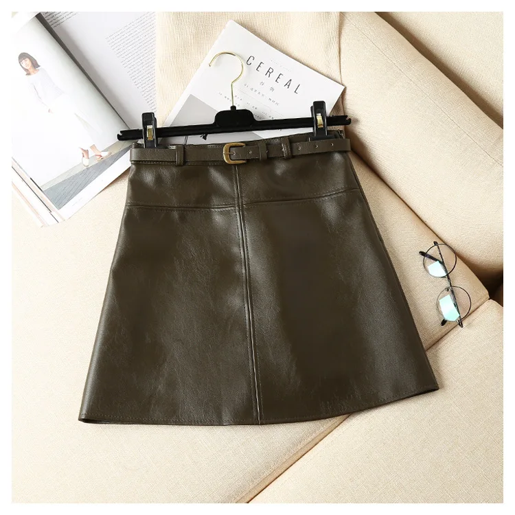 PU Leather Autumn Winter New Women Skirt High Waist Solid Sashes Mini Skirt A-Line Korean Above Knee Skirt