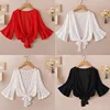 Summer Blouses For Women 2020 Woman V Neck Tie Waist Blouse Shirt Chiffon Black Ruffle Sleeve Top Lace Beach Blouse Cover Up 1