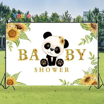 

Yeele Happy Baby Birthday Sunflowers Cute Panda Green Leaves Background Photophone Photography for Decoration Customized Size