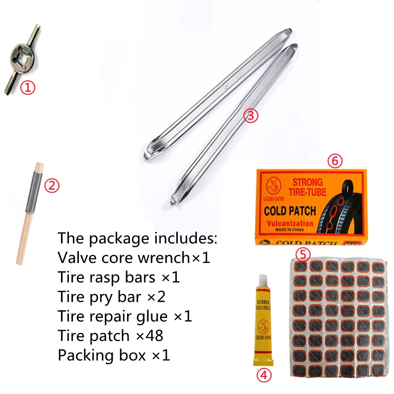 

Motorcycle electric cars fill plastic tools, tire pieces, tire glue, valve core wrench, pry bar, filing tire, tire repair tool s