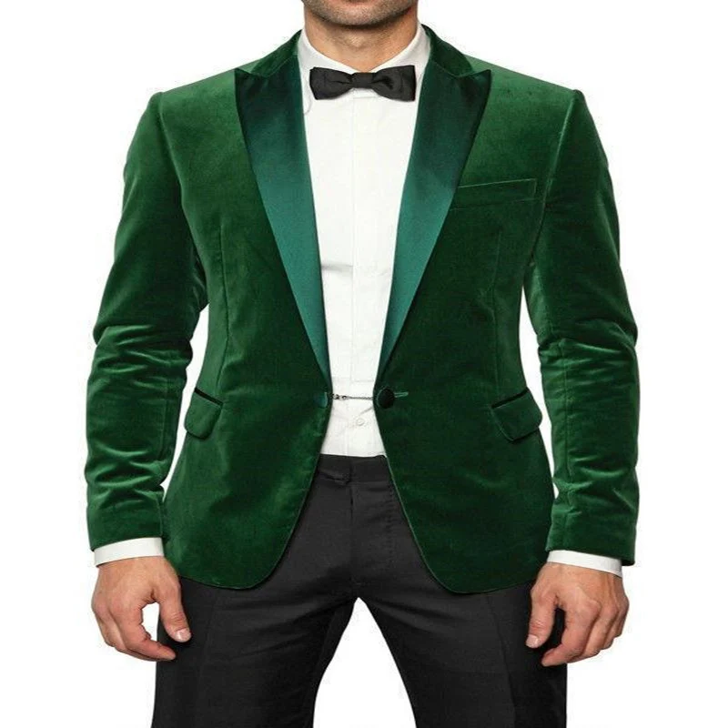 Green Velvet Smoking Men Suits Slim fit for Wedding Groom Tuxedo 2 Piece Dinner Jacket with Black Pants Male Fashion Costume
