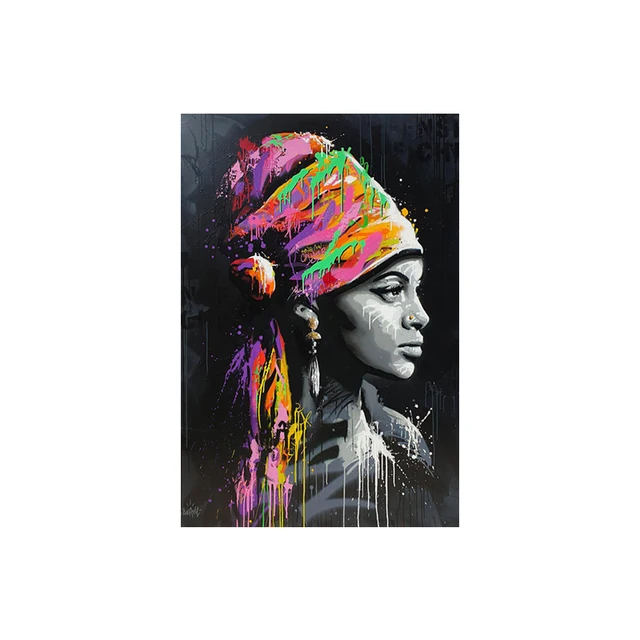 Abstract Black Colorful Graffiti African Woman Canvas Posters and Prints Custom Art Figure Picture Wall Painting for Living Room BH3000