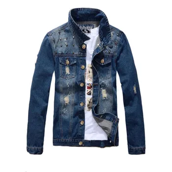 

KIOVNO Men's Ripped Casual Denim Jackets With Rivet Slim Fit Distressed Jeans Jackets Outwear For Male Blue