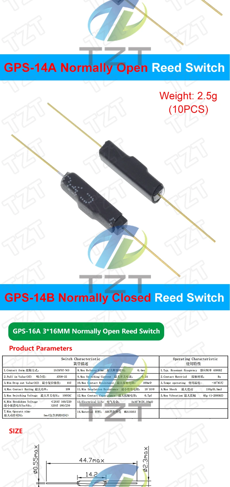 TZT 10 Stück N/O Reed-Schalter Magnetschalter Normalerweise offen/normalerweise geschlossen Magnetischer Konvertierungssensor Induktionsschalter – Detail 6