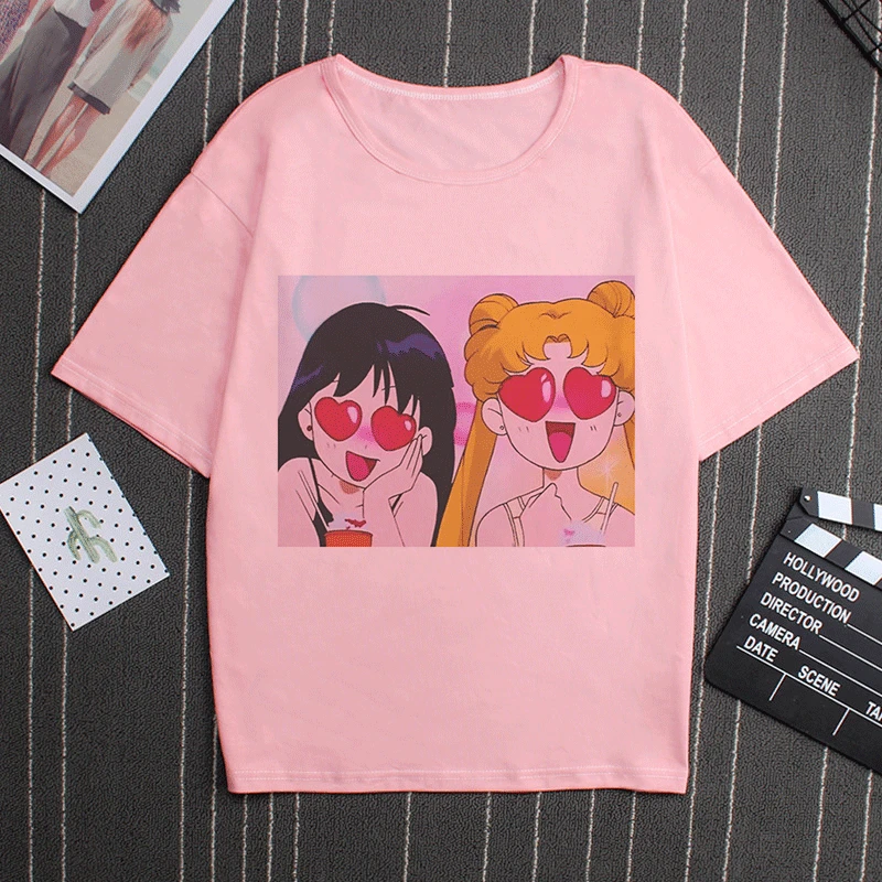 Sailor Moon 90s Funny Pink T Shirt Harajuku Clothes Tshirt Aesthetic Cat Anime Vogue T-shirt Kawaii Graphic Tees Ullzang Women