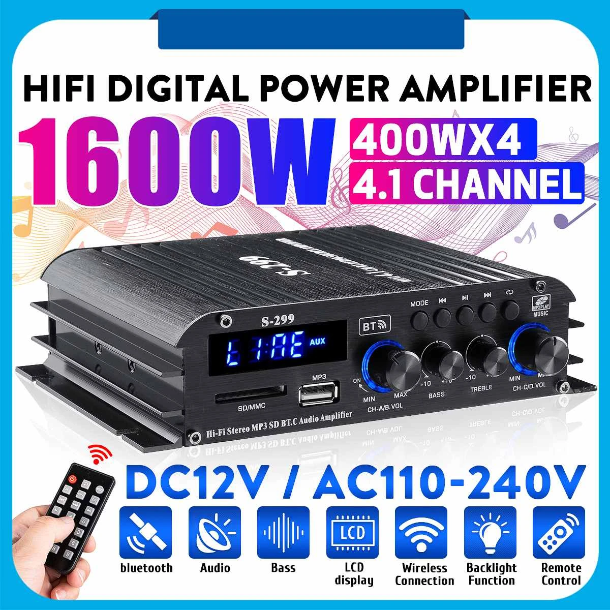 1600W 4.1 Channel bluetooth Stereo Hifi Car Home Theater Amplifiers Sound Audio Amplifier Car Sound Speaker Digital Amplifiers streaming amplifier