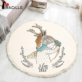 

Miracille Girl Art Deer Tassel Round Carpet Exercise Mat Straw Floor Mat Customized Home Decor Anti-slip Prayer Carpet