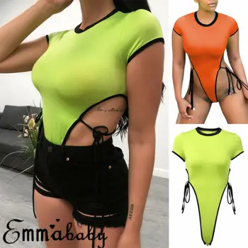 

Womens Ladies Solid Skinny Bodysuit Stretch Lace Up Leotard Sleeveless Body Tops T shirt Jumpsuit Blue And Orange