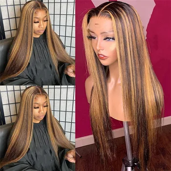 

Highlight Blonde Brown Human Hair Wigs Pre-Plucked T-Part Lace Wig Human Hair Ombre Straight Lace Front Wig For Women