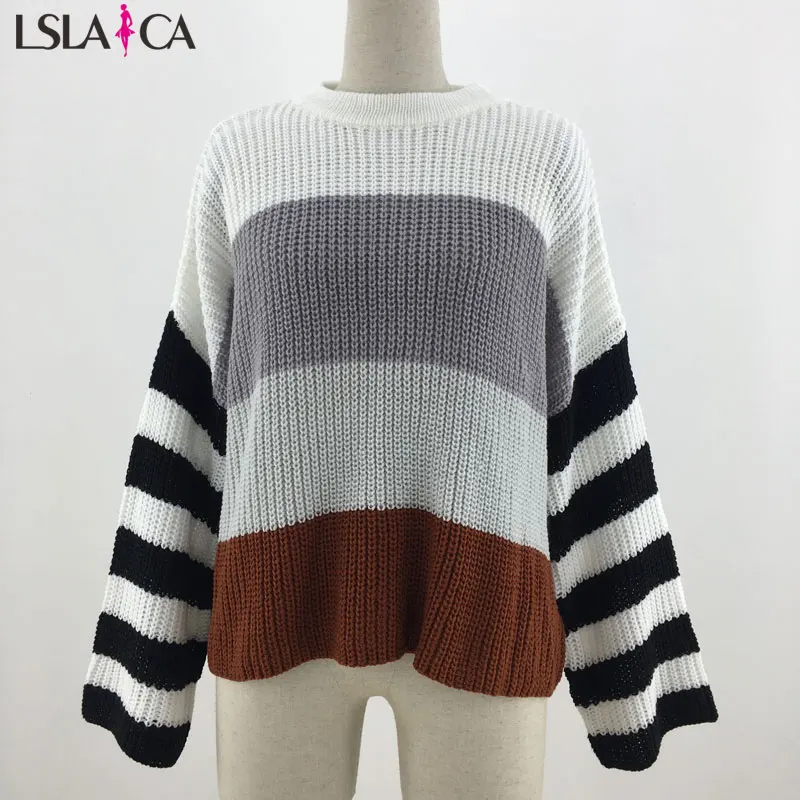 Осенне-зимний женский разноцветный полосатый тянущийся свитер, пуловер, темперамент, свободный свитер в повседневном стиле для женщин