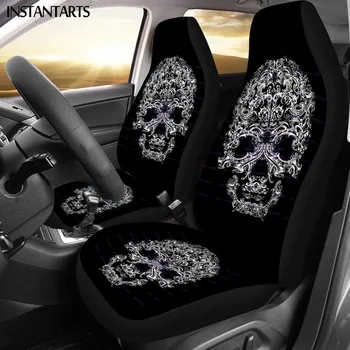 

INSTANTARTS 2Pcs Set Gothic Skull Prints Universal Car Seat Cover Men Women Car Cushion Cover Waterproof Fashion Car Accessories