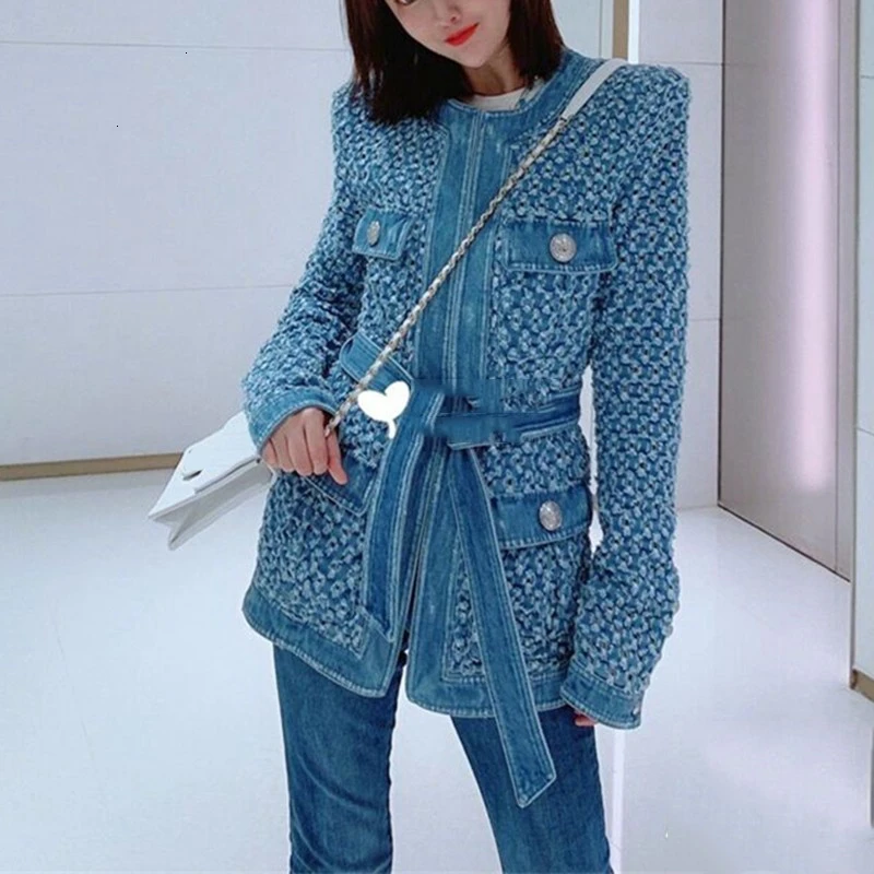 incredible  GALCAUR Streetwear Hollow Out Denim Jacket For Women O Neck Long Sleeve Lace Up Pocket Coats Female