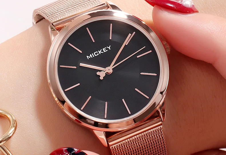 Disney Mickey Mouse Women Quartz Watch 3Bar Waterproof Simple Fashion Cute Round stainless steel Strap Women Watches Gift Alloy