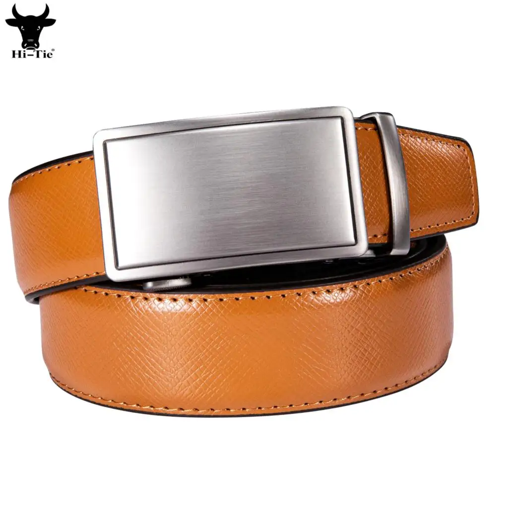 

Hi-Tie/Дизайнерские оранжевые мужские ремни из натуральной кожи, серебристые однотонные автоматические пряжки, храповик, пояс для мужчин, платье, джинсы для свадьбы