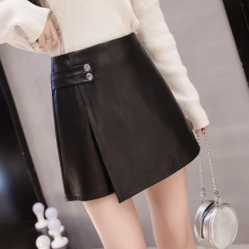 

Leather Skirt Women's 2020 New Wide-Leg Culottes Students Versatile A- line Skirt High-waisted Slimming Skirt