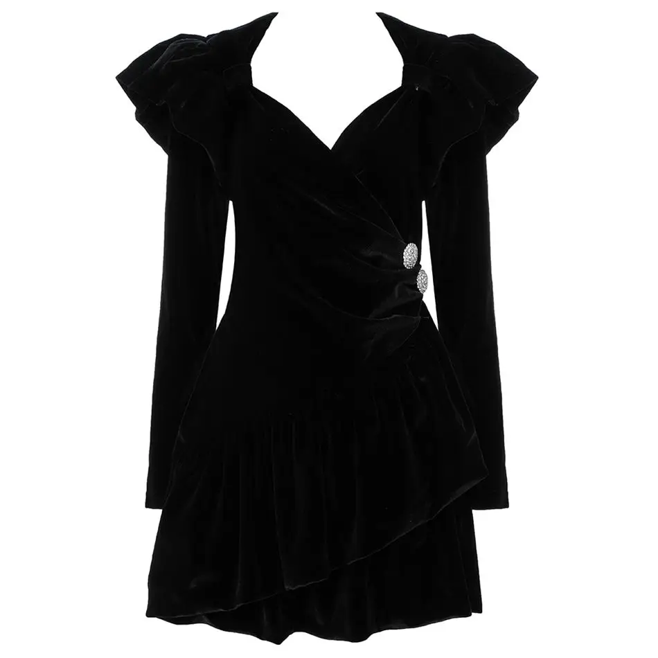 Новейшее вечернее бархатное платье знаменитостей для женщин с длинным рукавом и v-образным вырезом, черное сексуальное мини-платье трапециевидной формы для ночного клуба, женские платья