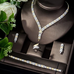 HIBRIDE винтажный женский свадебный комплект ювелирных изделий AAA кубический цирконий дизайн листьев 2 тона ожерелье и серьги набор вечерние N-1112 - Окраска металла: 2 tones