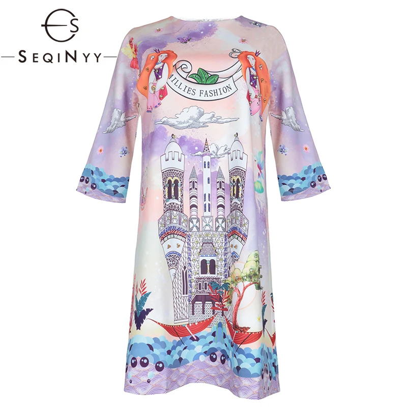 

SEQINYY Sweet Dress 2020 Summer Spring New Fashion Design Women Half Sleeve Luxury Crystal Fantasy Castle Printed Loose Dress