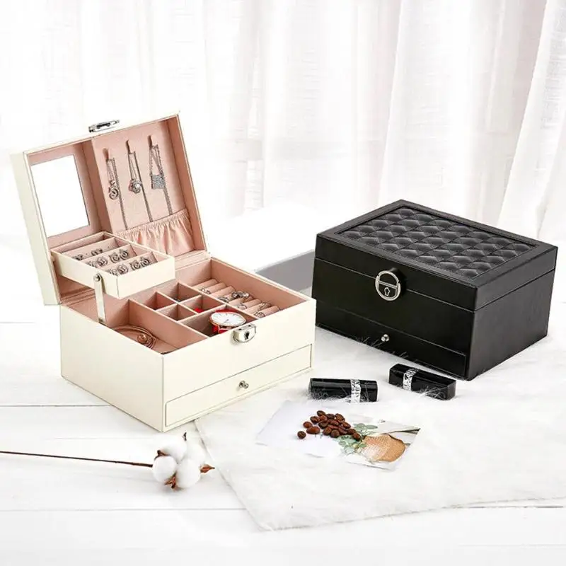 

Large Rings Jewelry Storage Box 2 Layer Earrings Necklace Display Case