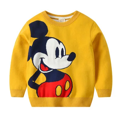 Свитера для маленьких мальчиков от 2 до 8 лет трикотажная одежда пуловеры с круглым вырезом хлопковые свитера с рисунком динозавра для девочек Детский свитер - Цвет: mickey yellow